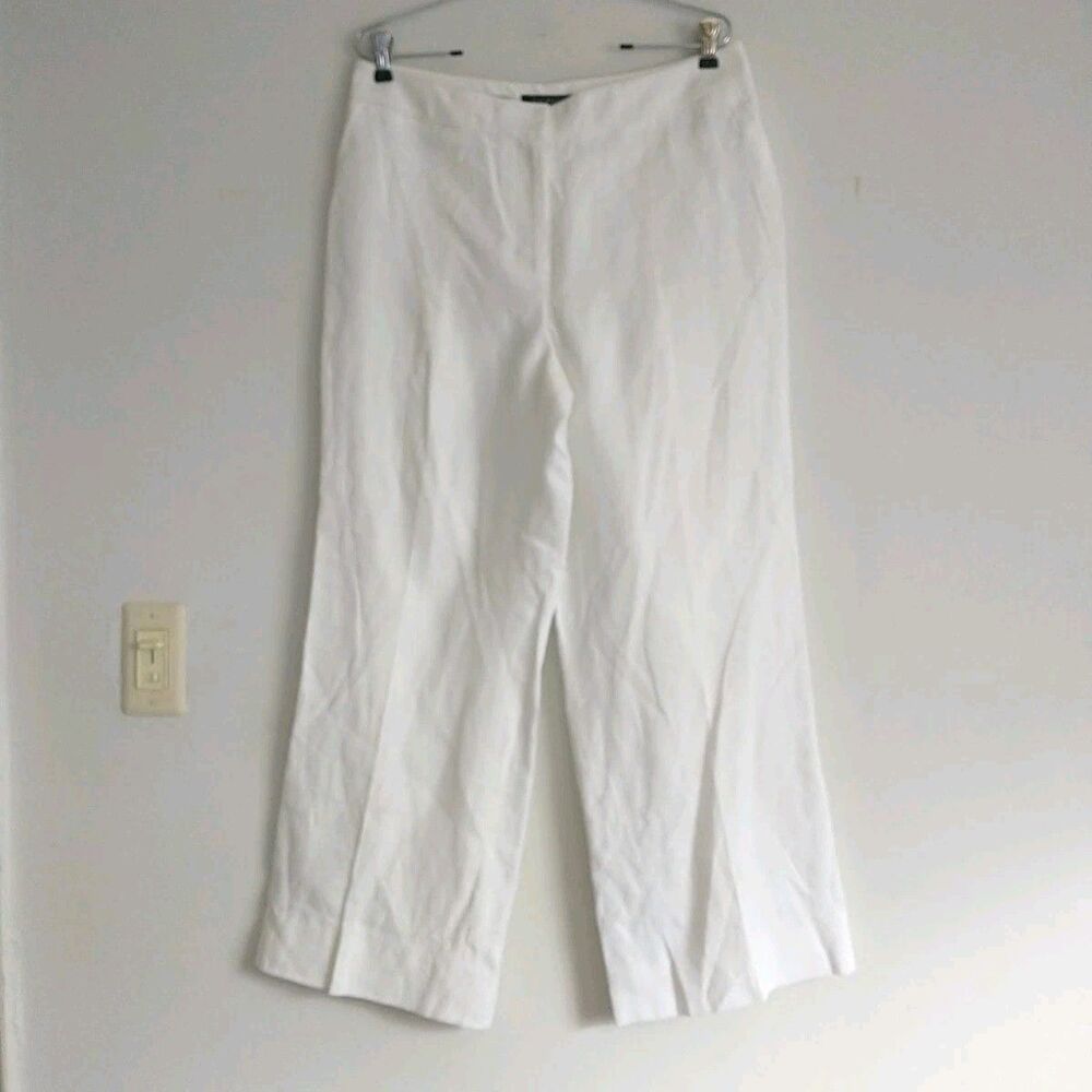 Talbots Pants Trousers Womens 14Petite White Pure Irish Linen WideLeg CityOffice